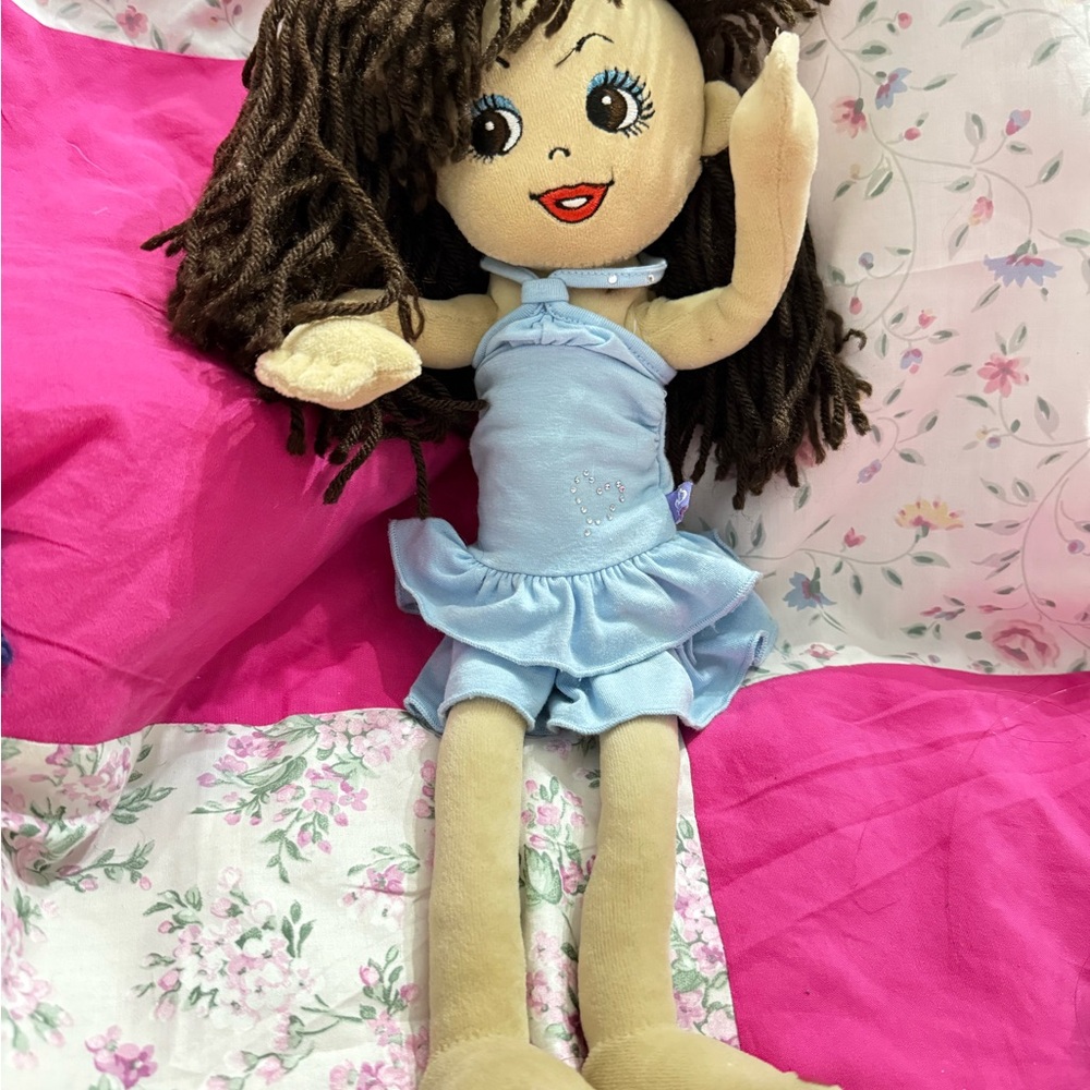 Blue and Cream Plush Doll with Ruffled Dress arms and legs are bendBle